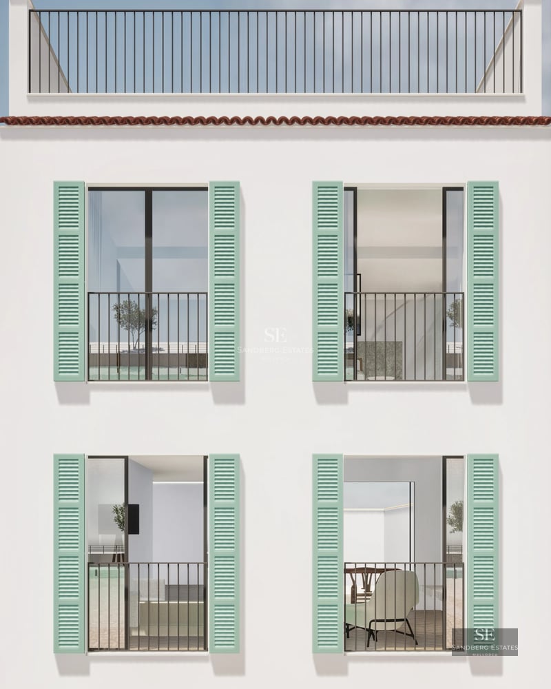 Spacious living room with floor-to-ceiling windows, light wood floors, designer furniture, and terrace access. Natural light and open views.