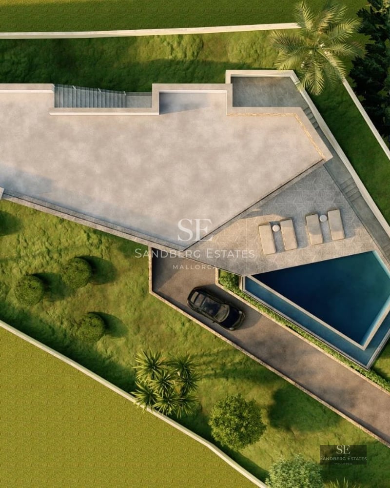 Exterior view of a modern villa with a pool, surrounded by greenery. Minimalist architectural design and high-quality finishes.
