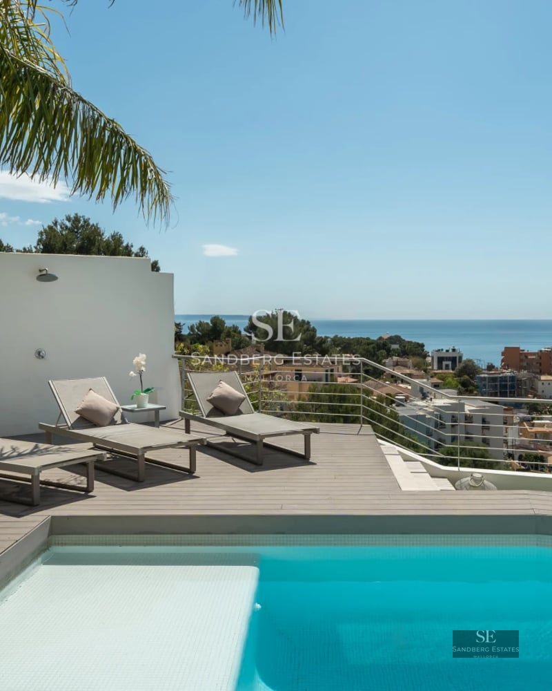 Exterior view of a modern villa with a pool, manicured garden, and sleek architecture. Natural lighting and attractive landscaping.