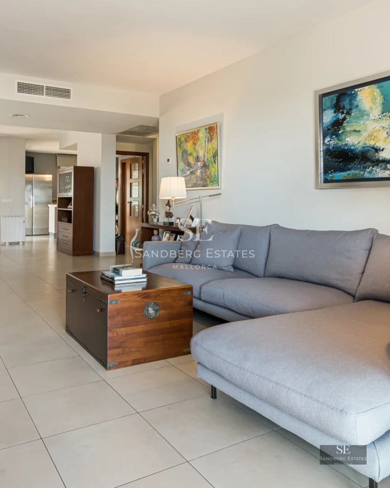 Aerial view of a modern villa with reflective pool, lush gardens and minimalist architecture. Contemporary design and high-end finishes.