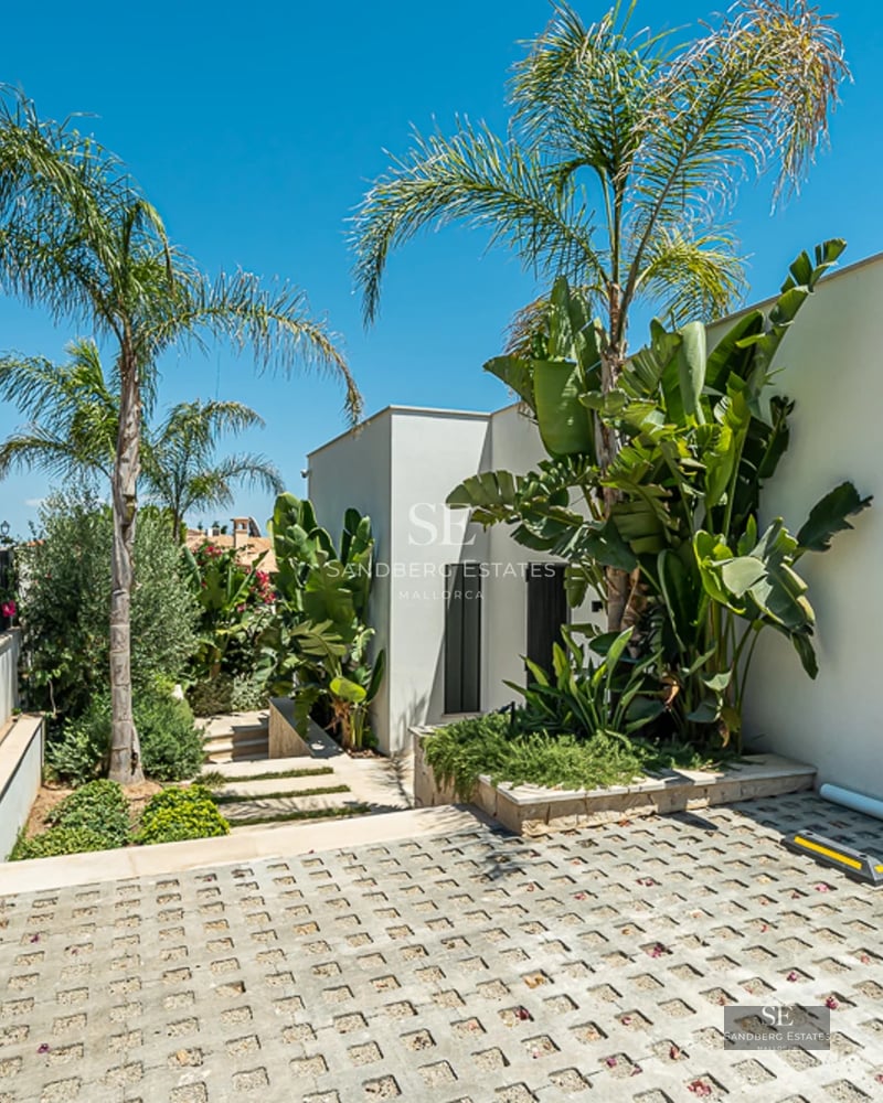 Grande piscine bordée d'une végétation luxuriante. Architecture moderne avec de grandes baies vitrées. Idéal pour la détente et les loisirs en plein air.