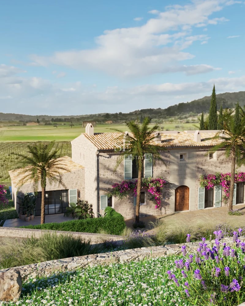 View of infinity pool surrounded by greenery and a modern villa with large windows. Soft lighting and minimalist design.