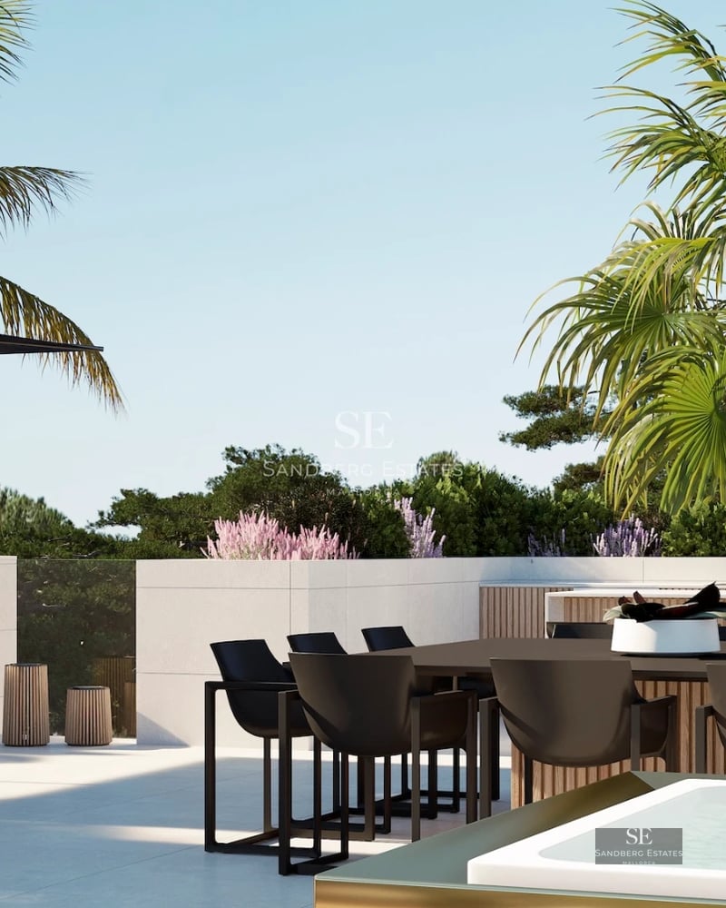 Image of a modern villa featuring an infinity pool, garden, and spacious terraces. Minimalist architecture with floor-to-ceiling windows and neutral colors.