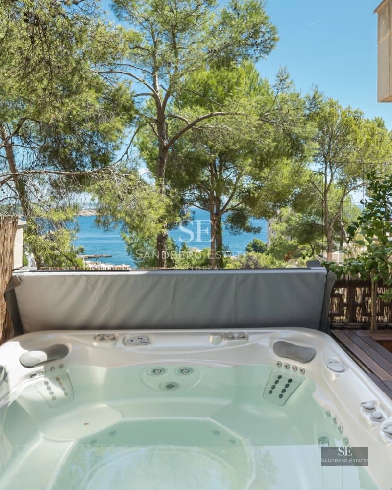 Spacious living room with window walls, fireplace, light wood floors, and minimalist decor. Panoramic views of nature.