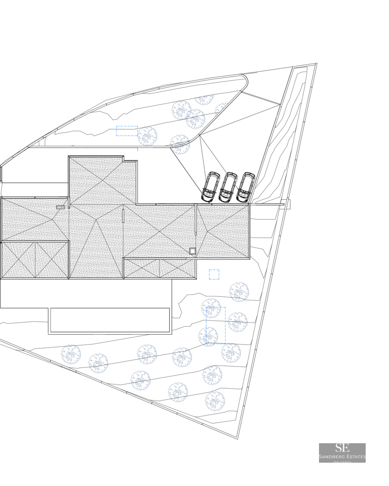 Plan technique en noir et blanc montrant l'implantation du bâtiment, le parking et les espaces paysagers.