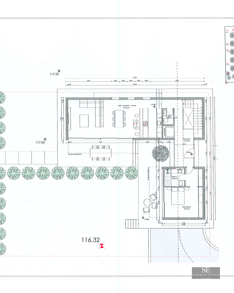Architectural floor plan showing the layout of a villa with pool, garden, and living areas.