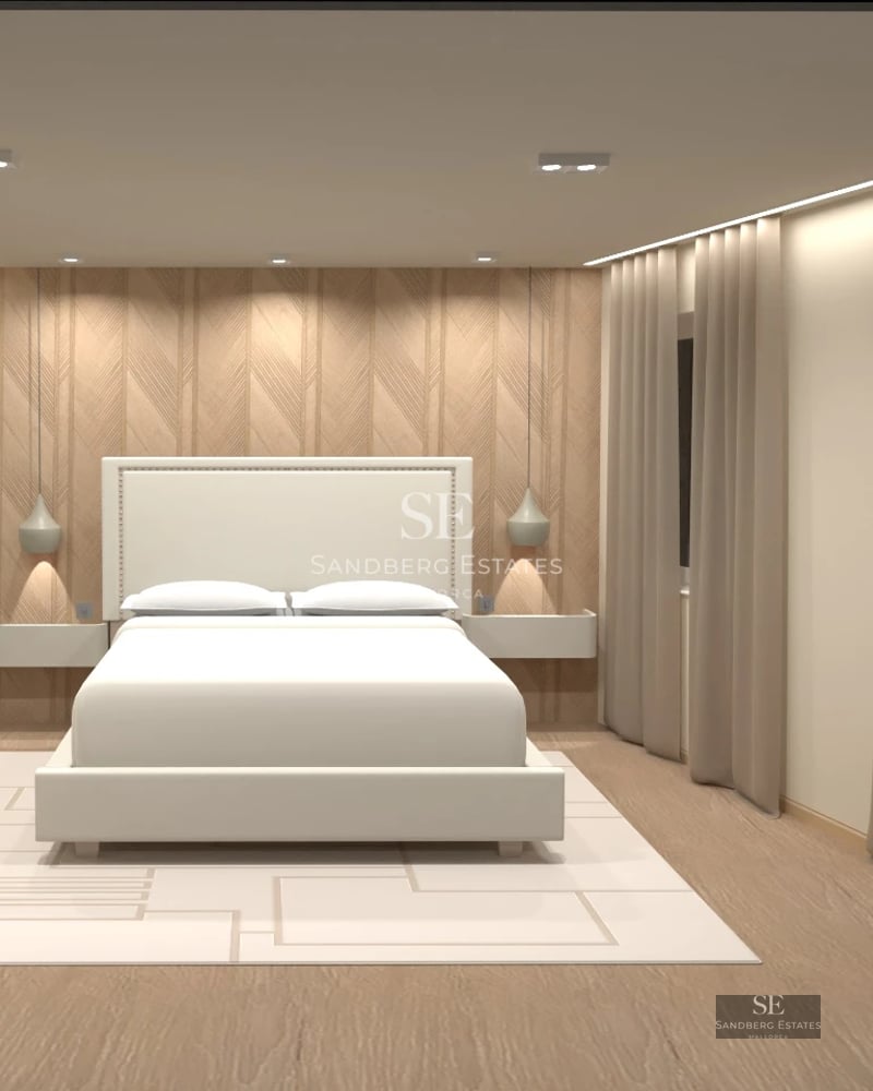 Spacious balcony with panoramic sea views. Glass railing, modern outdoor furniture, light wood flooring.