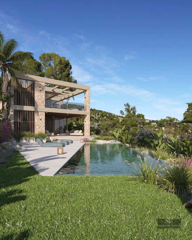 Spacious terrace with infinity pool and panoramic views. Modern architecture, elegant sun loungers and umbrellas. Lush vegetation.