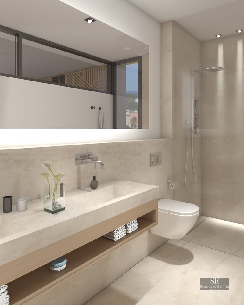 Modern master bathroom featuring a double stone vanity, large backlit mirror, and glass walk-in shower.