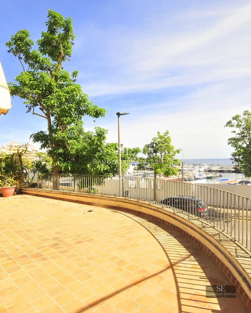 Spacious terrace with infinity pool, panoramic views. Modern design, elegant outdoor furniture and lush vegetation.