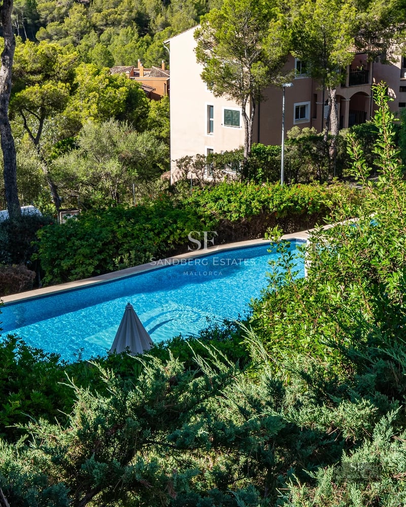 Spacious living room with picture windows, light wood floors, and modern, bright decor. Garden view.