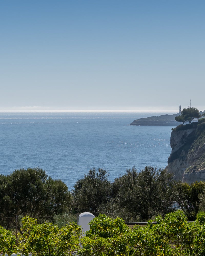 Coastal view with white houses on a cliff and the blue sea under a clear sky.