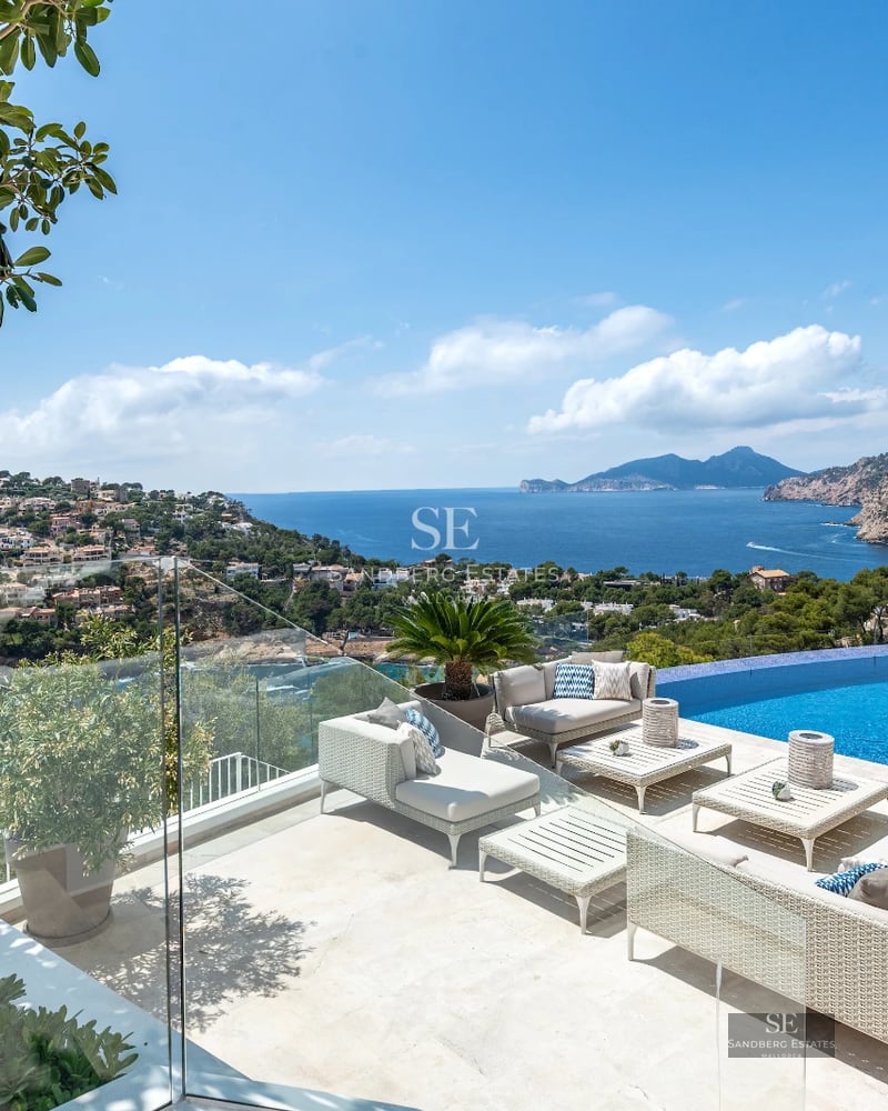 Expansive terrace with infinity pool. Panoramic views, modern furniture. Loungers, parasols, and lush vegetation.