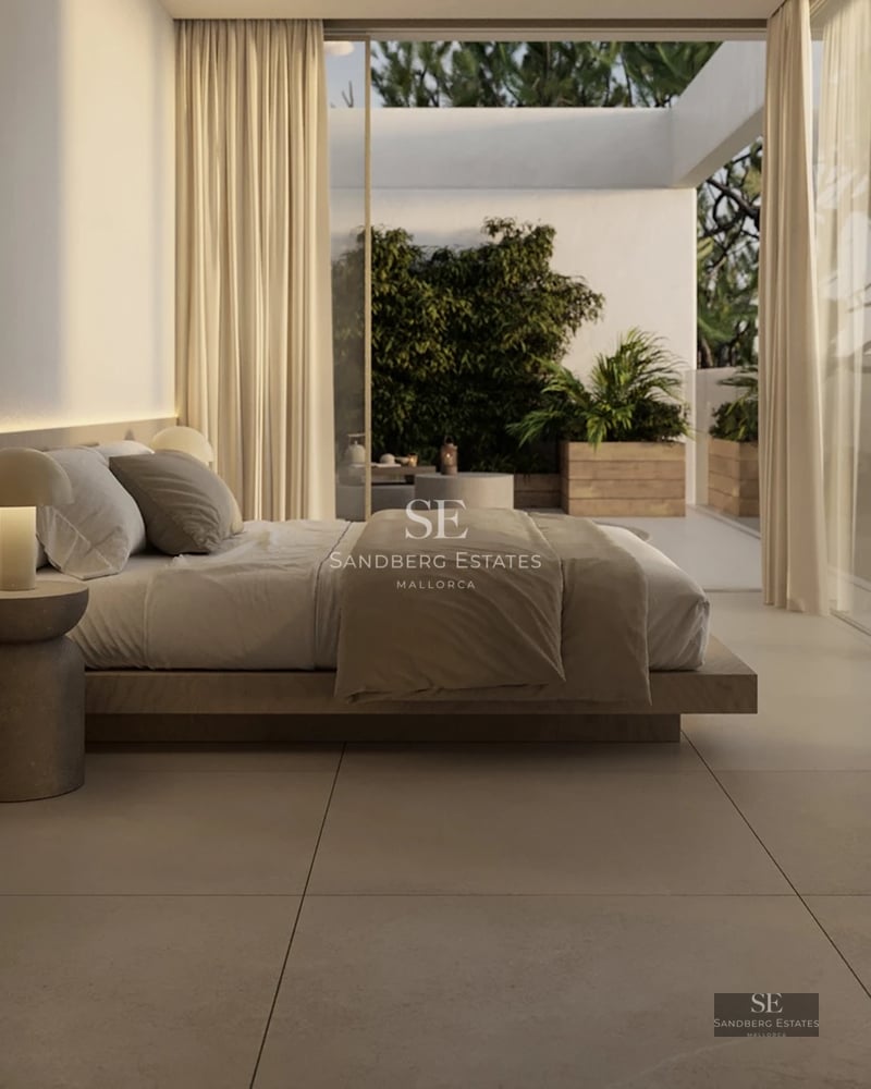 Exterior view of a modern villa with an infinity pool, surrounded by gardens and expansive sunny terraces. Minimalist architecture with large windows.