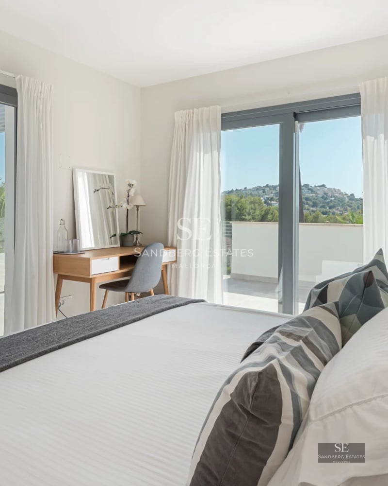 Panoramic view of a modern villa with infinity pool. Minimalist design, large windows, and high-quality finishes.