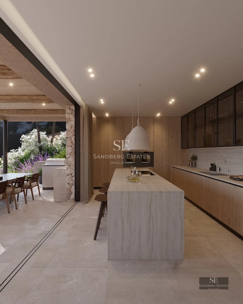 Modern facade with reflective pool. Minimalist architecture, large windows, ambient lighting. Manicured landscaping.