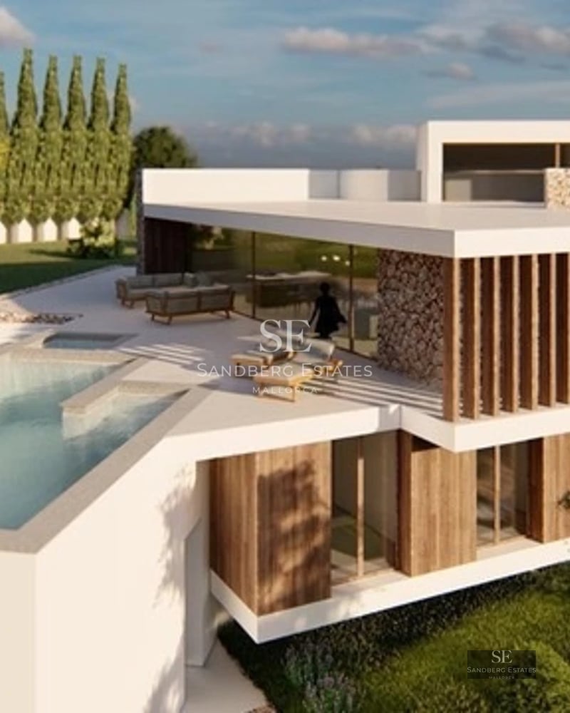 Exterior view of a modern villa with an infinity pool, lush garden, and large windows. Minimalist and luxurious architecture.