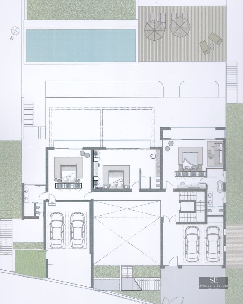Detailed 2D architectural layout showing a villa with a pool, terrace, and double garage.