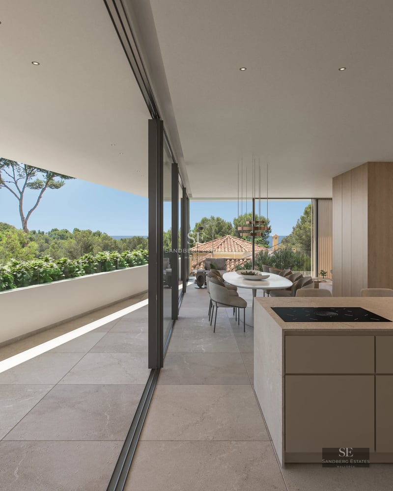 Exterior view of a modern villa featuring a pool, large windows, and lush landscaping. Minimalist architecture.