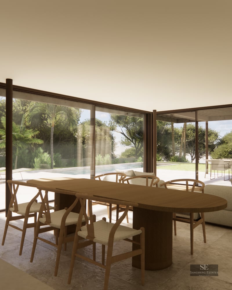 Modern open-plan living and dining room with floor-to-ceiling glass doors opening to a terrace, pool, and garden.