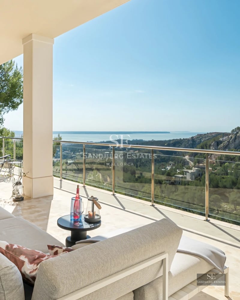 Modern exterior with pool, garden and large windows illuminating the interior. Minimalist design with clean lines.