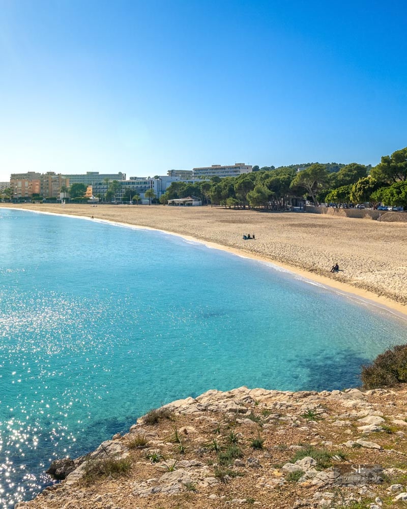 High-angle view of a golden sand beach and sparkling turquoise sea under a bright blue sunlit sky.