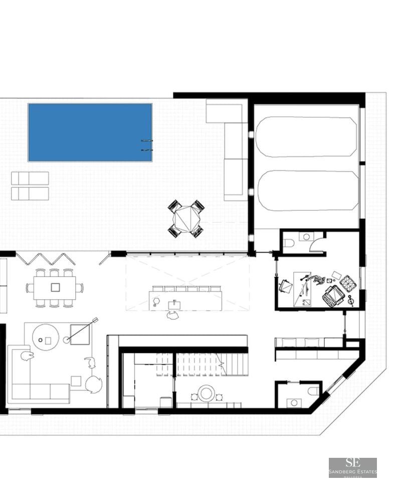 Exterior view of a modern villa with pool, sun loungers, and vegetation. Minimalist architectural design, spacious and bright.