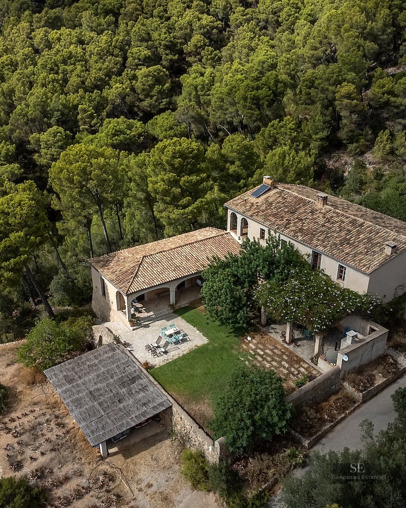 Top-down view of a stone house with tiled roofs, surrounded by a dense green pine forest.