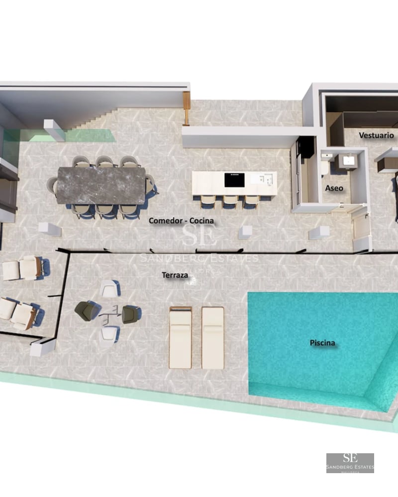 Exterior view of a modern villa with a pool. Minimalist architecture, large windows, and manicured landscaping.