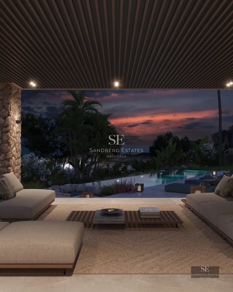 Aerial view of modern infinity pool, surrounded by greenery and lounge chairs. Minimalist design and relaxing atmosphere.