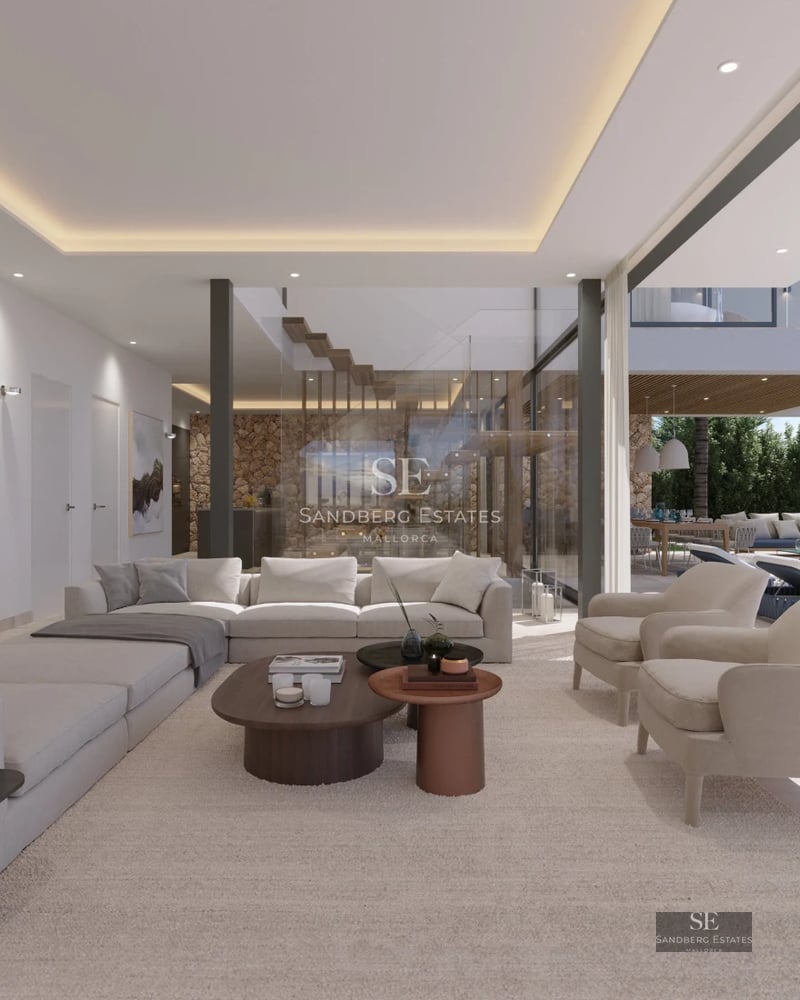 Exterior view of a modern villa with an infinity pool, expansive terraces, and lush gardens. Minimalist architecture with large window panes.