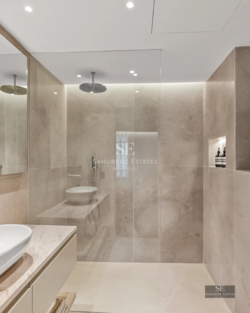 Exterior view of a modern villa featuring an infinity pool, spacious garden, and expansive windows reflecting the sky. Minimalist architecture.