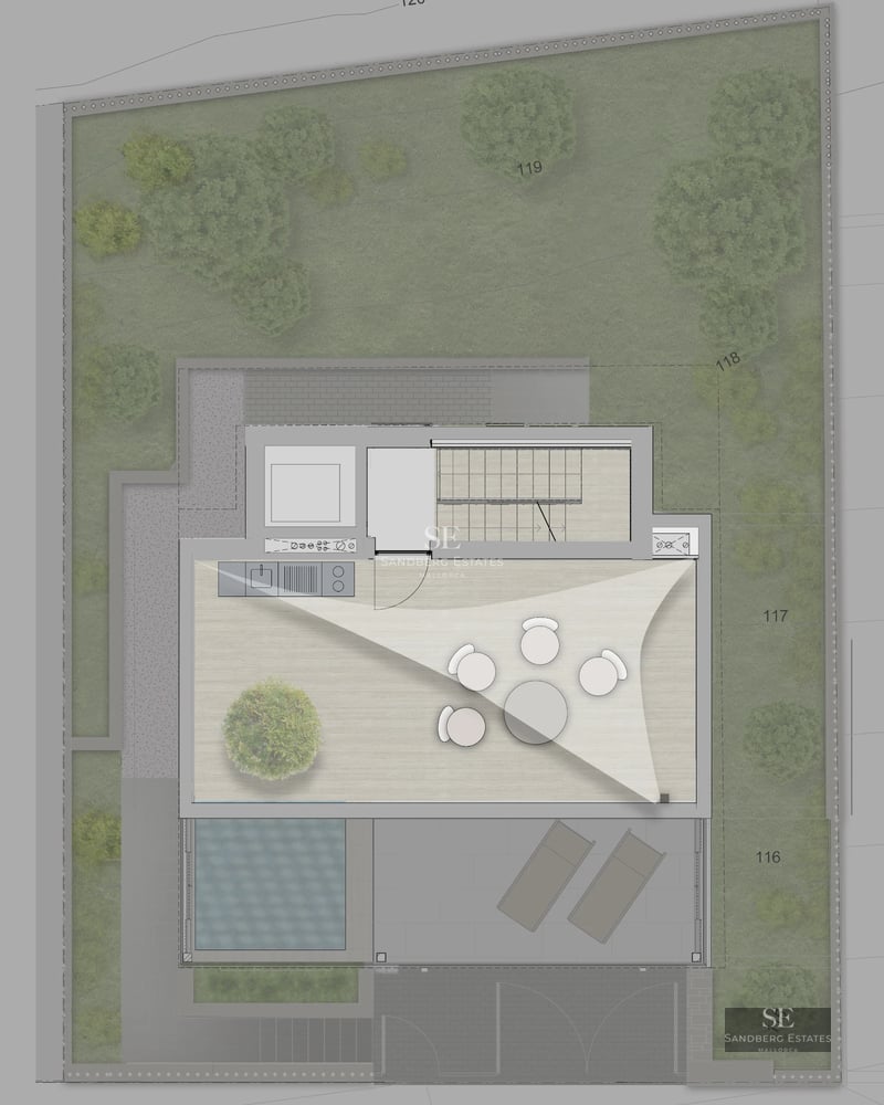 Pool view with sun loungers, surrounded by green lawn. Modern architecture with large windows and white facade.