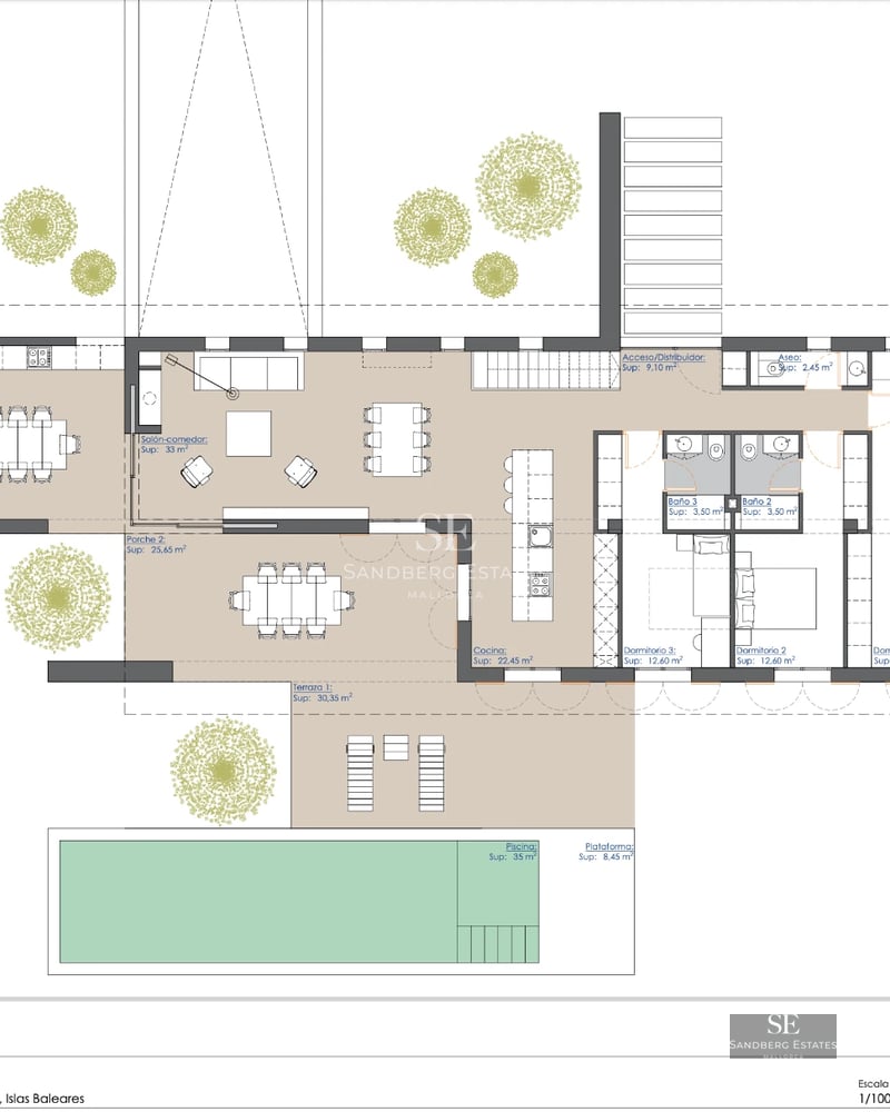 Image of a modern villa with a pool. Minimalist architecture, large windows and lush landscaping. Warm lighting.