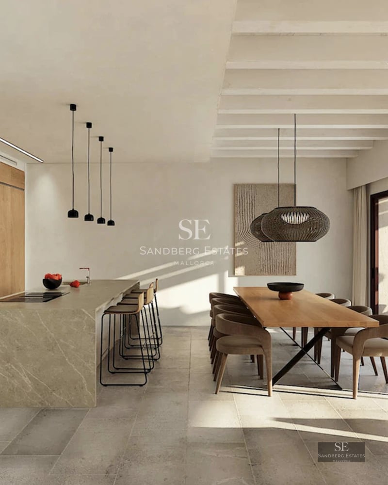 Expansive terrace featuring an infinity pool, ocean views. Minimalist design, modern furniture, and lush tropical garden.