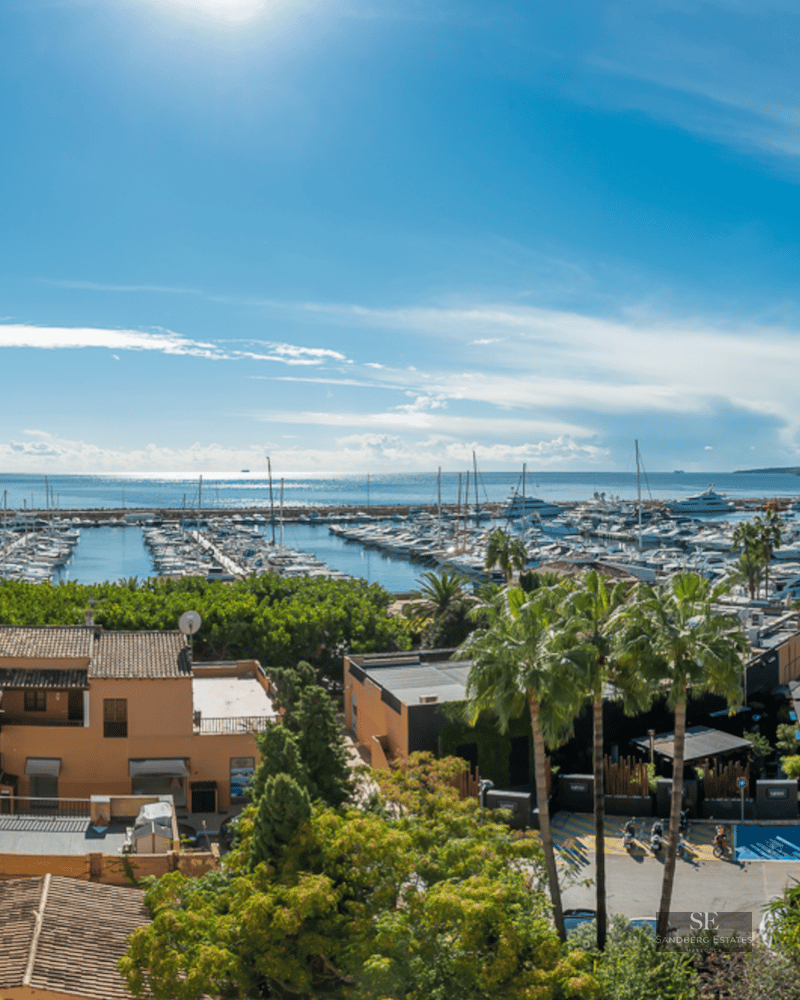 Elevated view of a Mediterranean port with yachts, terracotta buildings, and palm trees under a bright blue sky.