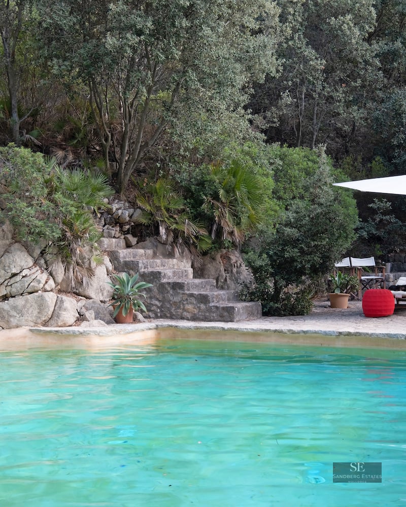 Turquoise swimming pool nestled against a natural rock wall with stone steps and lush greenery.