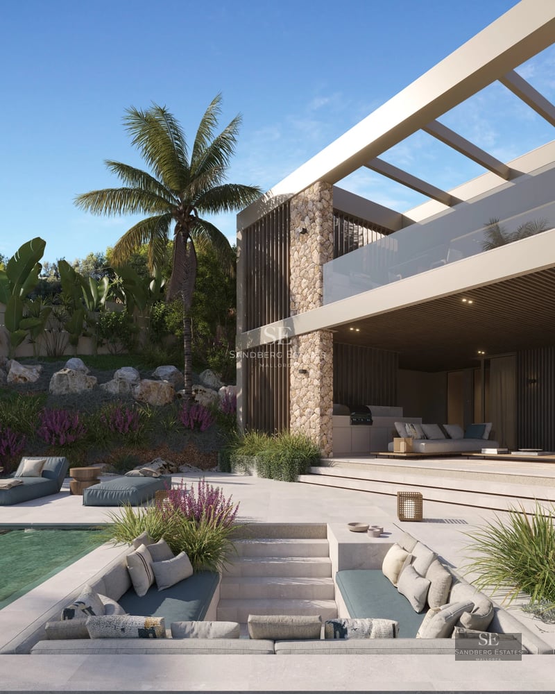 Spacious terrace with pool, sun loungers, and panoramic views. Modern design with clean lines and high-end materials.