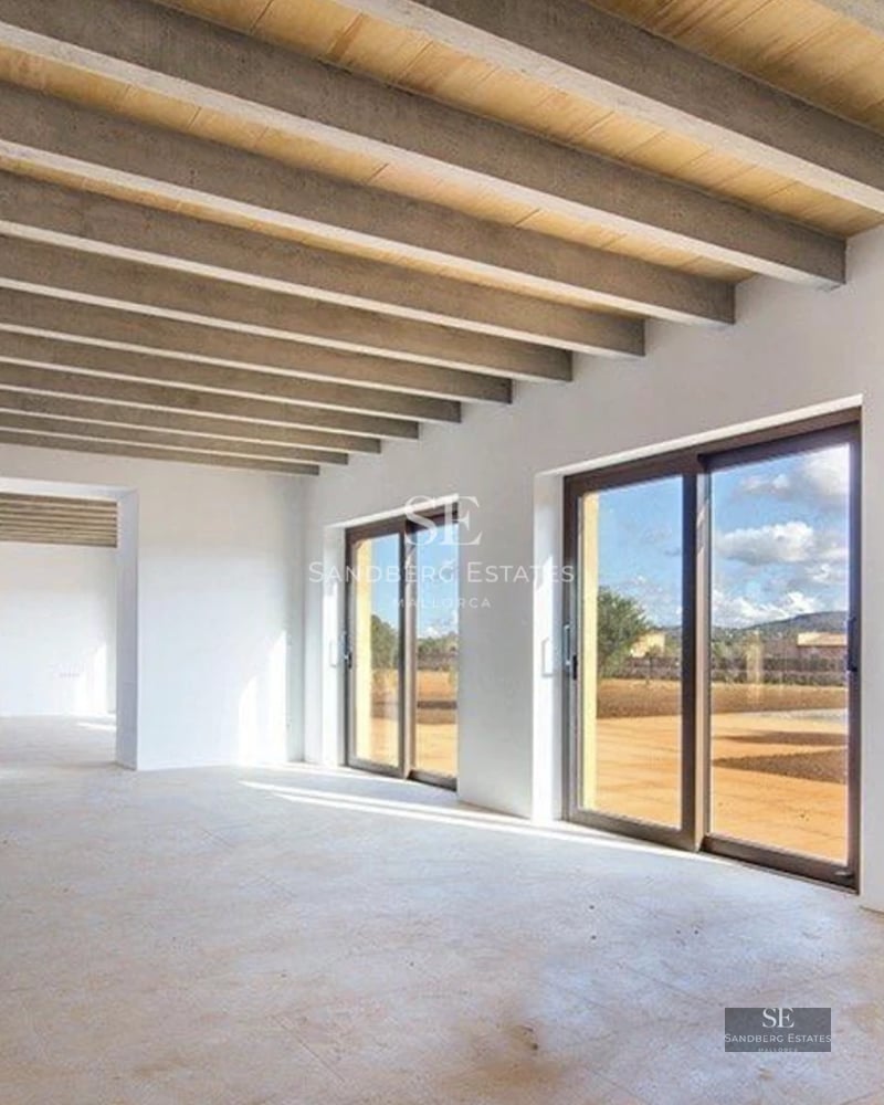 Exterior view of a modern villa featuring a pool, large windows, lush garden, and minimalist architectural design. Natural lighting.