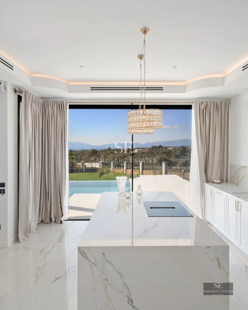 Exterior view of a luxurious house with an infinity pool, lush garden, and modern architecture. Soft ambient lighting.