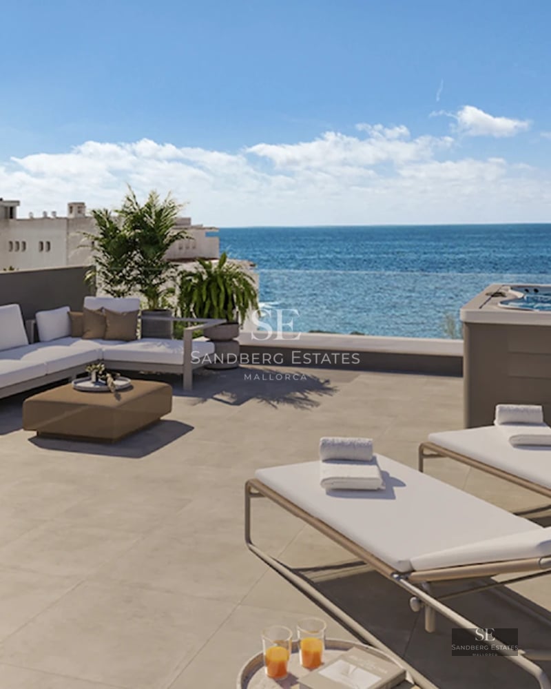 Spacious terrace featuring an infinity pool and panoramic views. Modern design with wood flooring and elegant furniture.