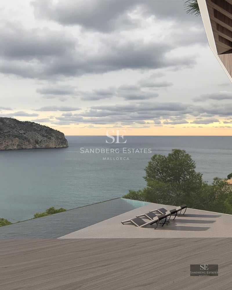 View of a modern swimming pool with lounge chairs, umbrellas, and lush garden. Elegant design with ambient lighting.