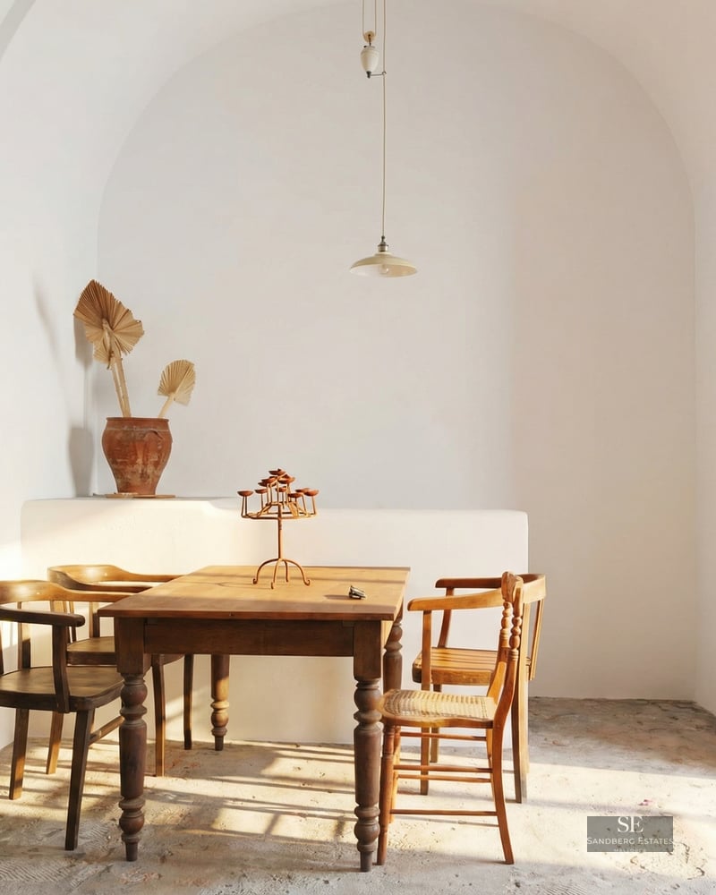Rustic wooden dining table and four chairs in a white room with a high vaulted ceiling and warm sunlight.