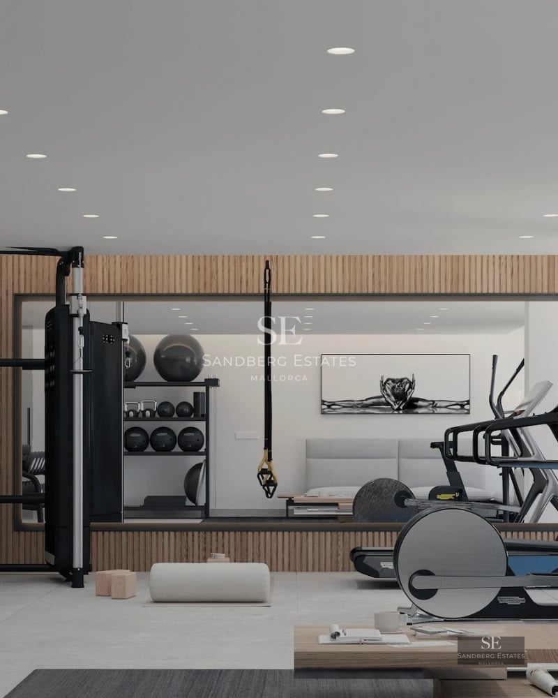 Spacious living room with floor-to-ceiling windows, infinity pool, and sea view. Modern, minimalist design with high-quality finishes.