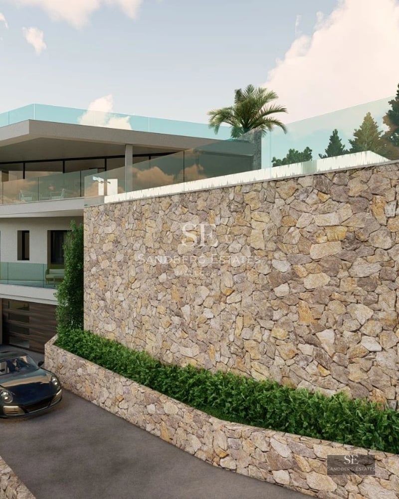 Exterior view of a modern villa with infinity pool, manicured garden, and large windows. Minimalist architecture.