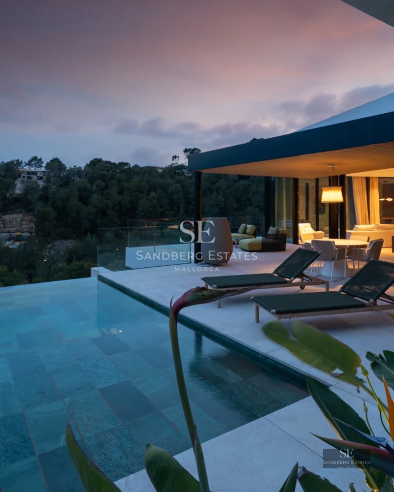 Panoramic view of a modern villa with infinity pool and lush garden. Minimalist architecture with large windows.