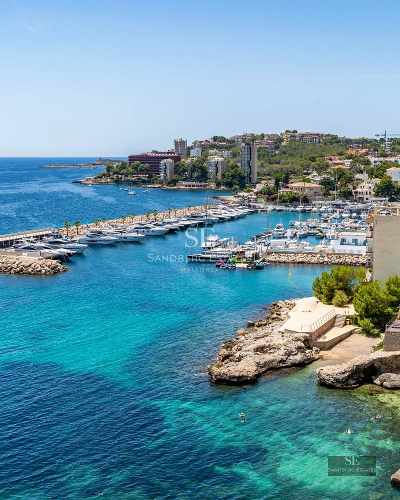 Spacious living room with panoramic windows, sea views, modern decor, and terrace access. Designer furniture.