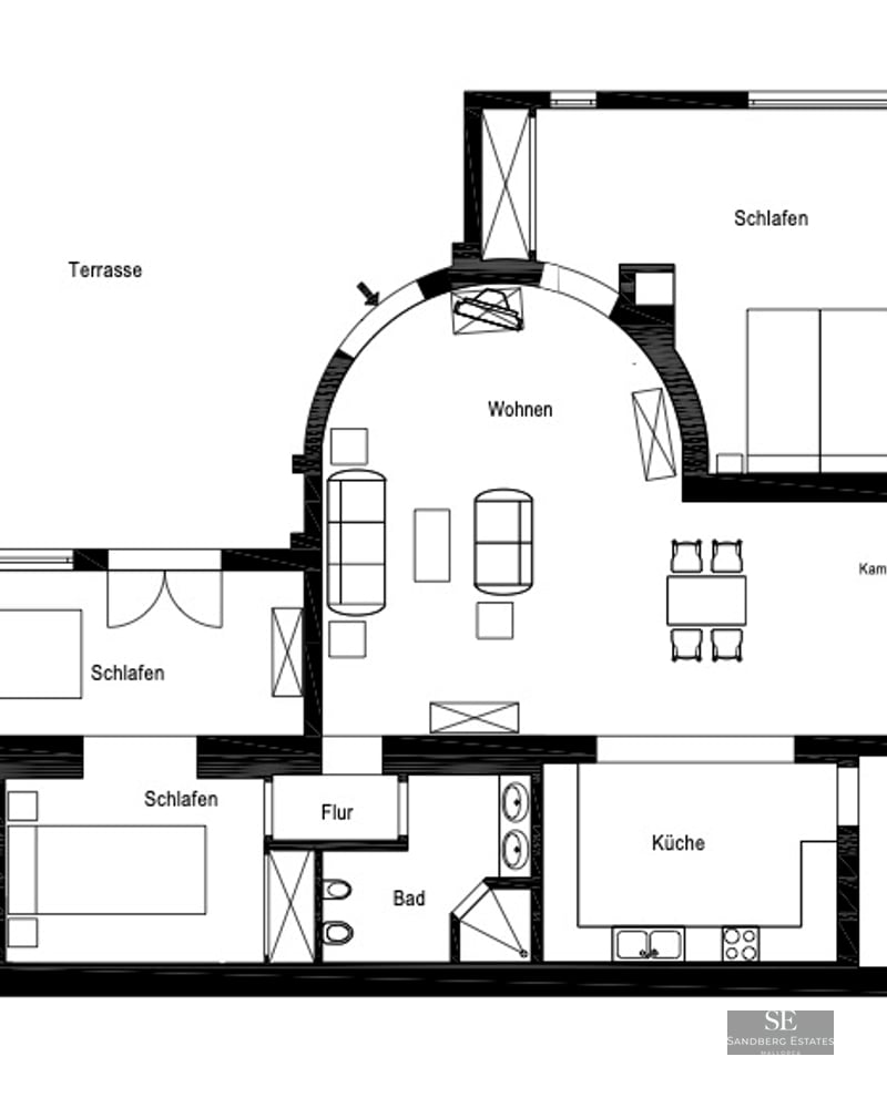 Architectural 2D floor plan of a three-bedroom apartment featuring a curved living room wall and terrace.