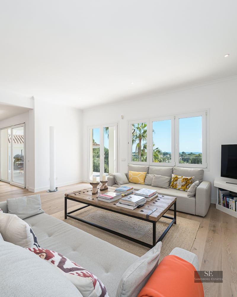 Salon lumineux avec canapés gris, table basse en bois, cheminée et grandes fenêtres donnant sur la verdure.