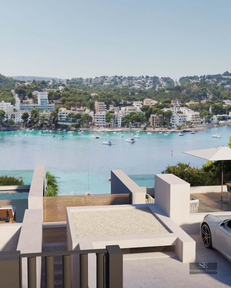 Modern white villa terrace with infinity pool and luxury car overlooking a turquoise bay and coastal hills.